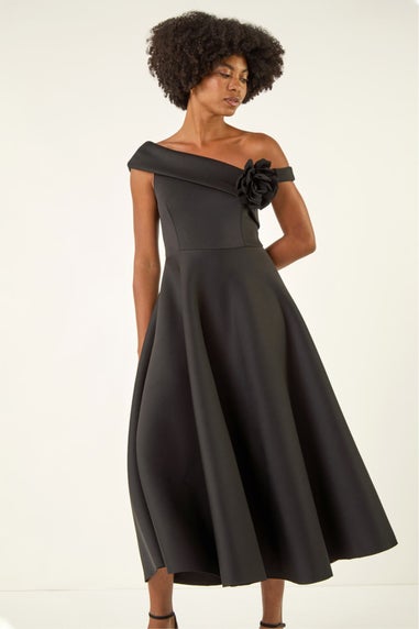 Roman Black Corsage Premium Stretch Midi Dress