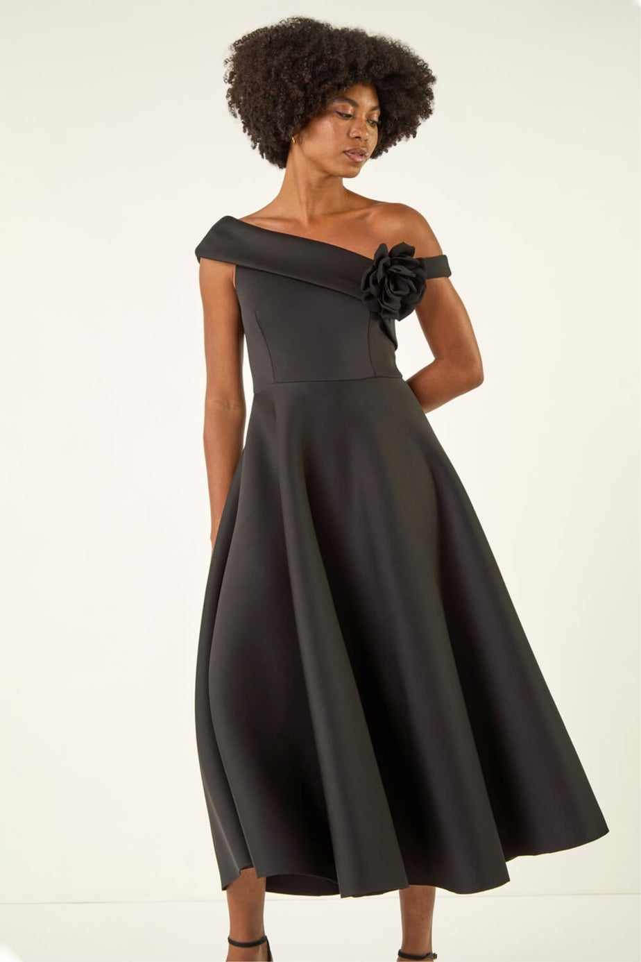 Roman Black Corsage Premium Stretch Midi Dress