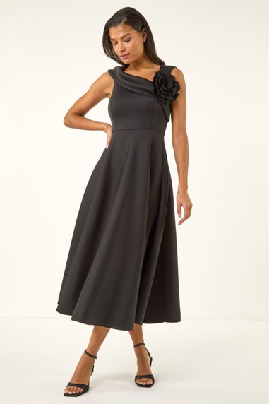 Roman Black Corsage Premium Stretch Midi Dress