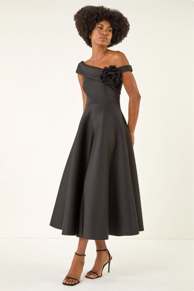 Roman Black Corsage Premium Stretch Midi Dress