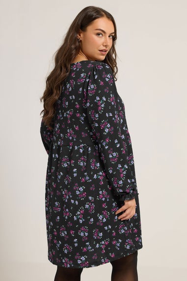 Yours Curve Black Floral Tie Front Textured Dress