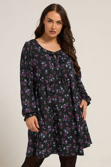 Yours Curve Black Floral Tie Front Textured Dress