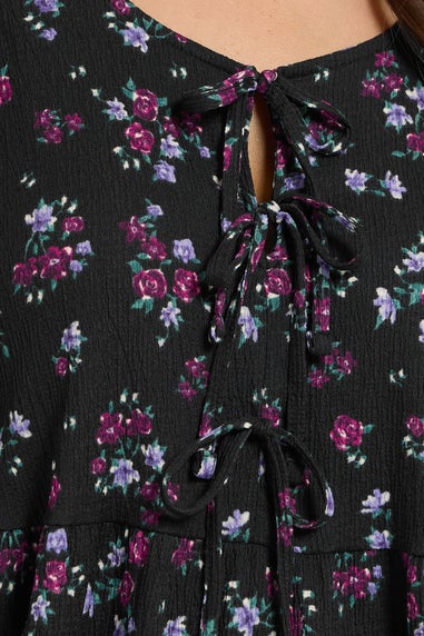 Yours Curve Black Floral Tie Front Textured Dress