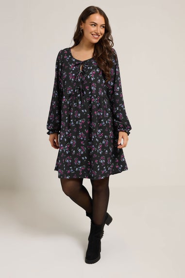 Yours Curve Black Floral Tie Front Textured Dress