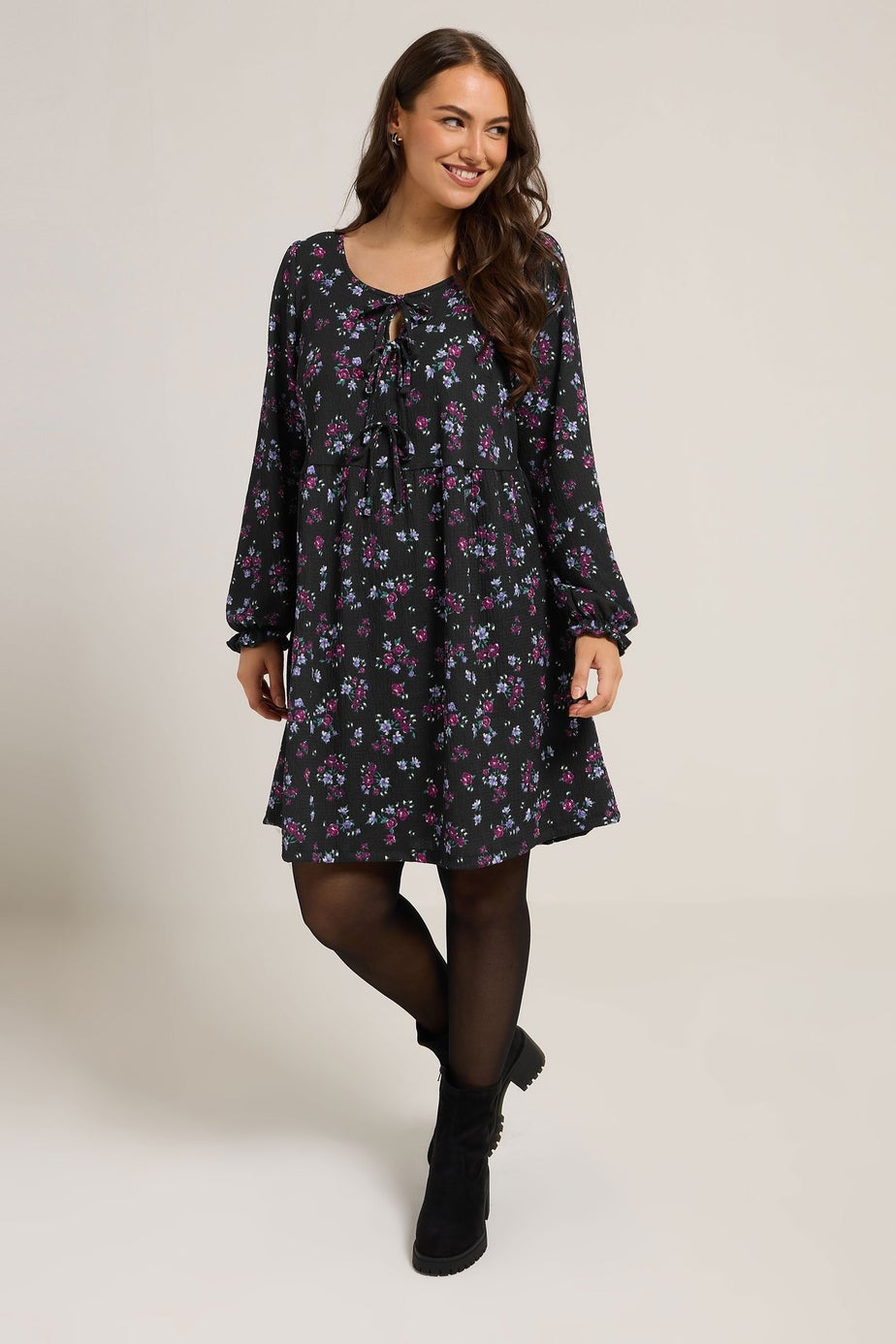 Yours Curve Black Floral Tie Front Textured Dress