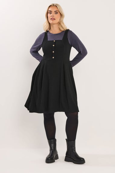 Yours Curve Black Button Front Textured Pinafore Dress