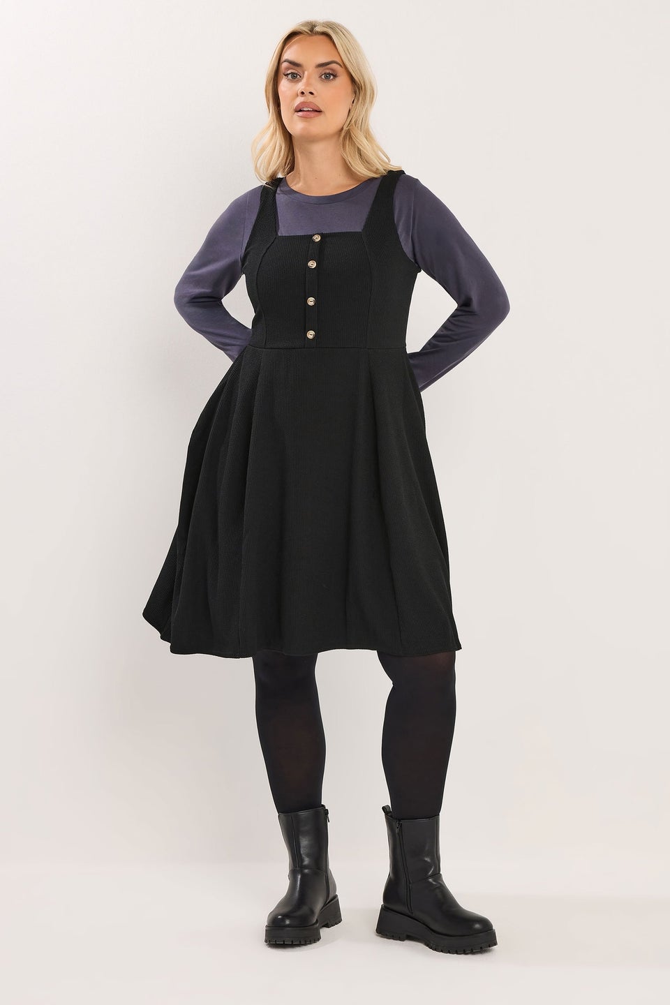 Yours Curve Black Button Front Textured Pinafore Dress