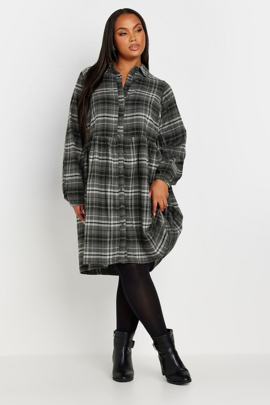 Yours Curve Grey Check Print Shirt Dress