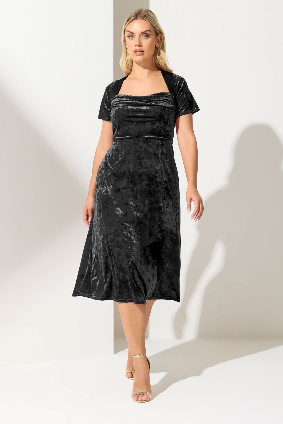 Yours London Curve Black Velvet Square Neck Midi Dress
