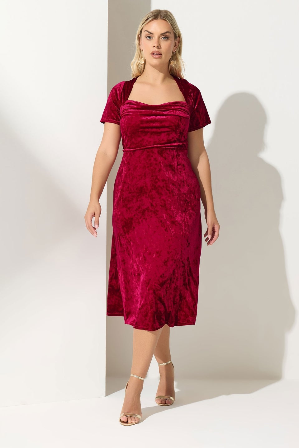 Yours London Curve Red Velvet Square Neck Midi Dress