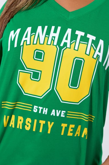 Yours Limited Curve Green 'Manhattan 90' Varsity Print T-Shirt