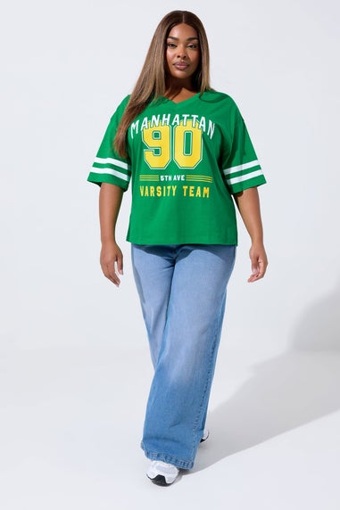 Yours Limited Curve Green 'Manhattan 90' Varsity Print T-Shirt