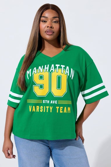 Yours Limited Curve Green 'Manhattan 90' Varsity Print T-Shirt