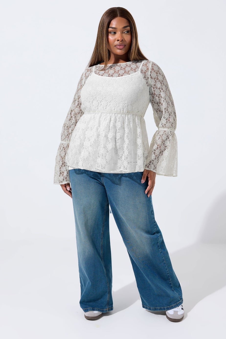 Yours Limited Curve Cream Lace Flare Sleeve Peplum Top