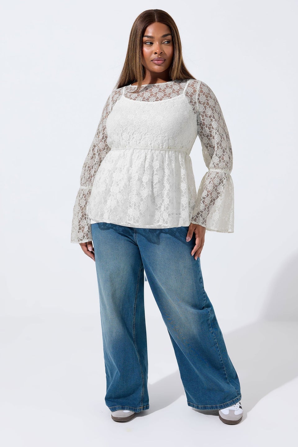 Yours Limited Curve Cream Lace Flare Sleeve Peplum Top