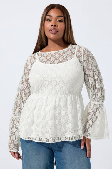 Yours Limited Curve Cream Lace Flare Sleeve Peplum Top