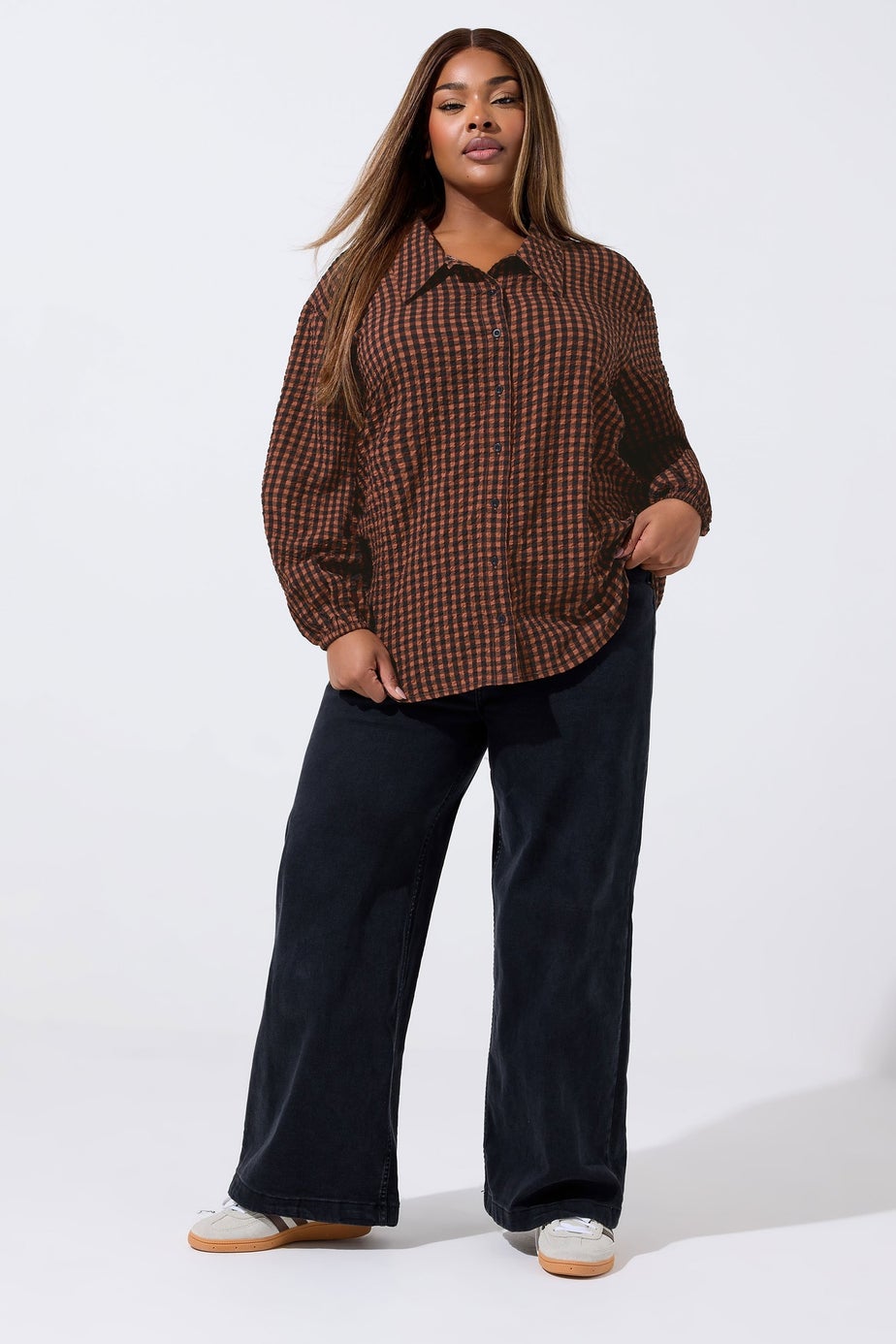 Yours Limited Curve Brown Check Print Textured Shirt