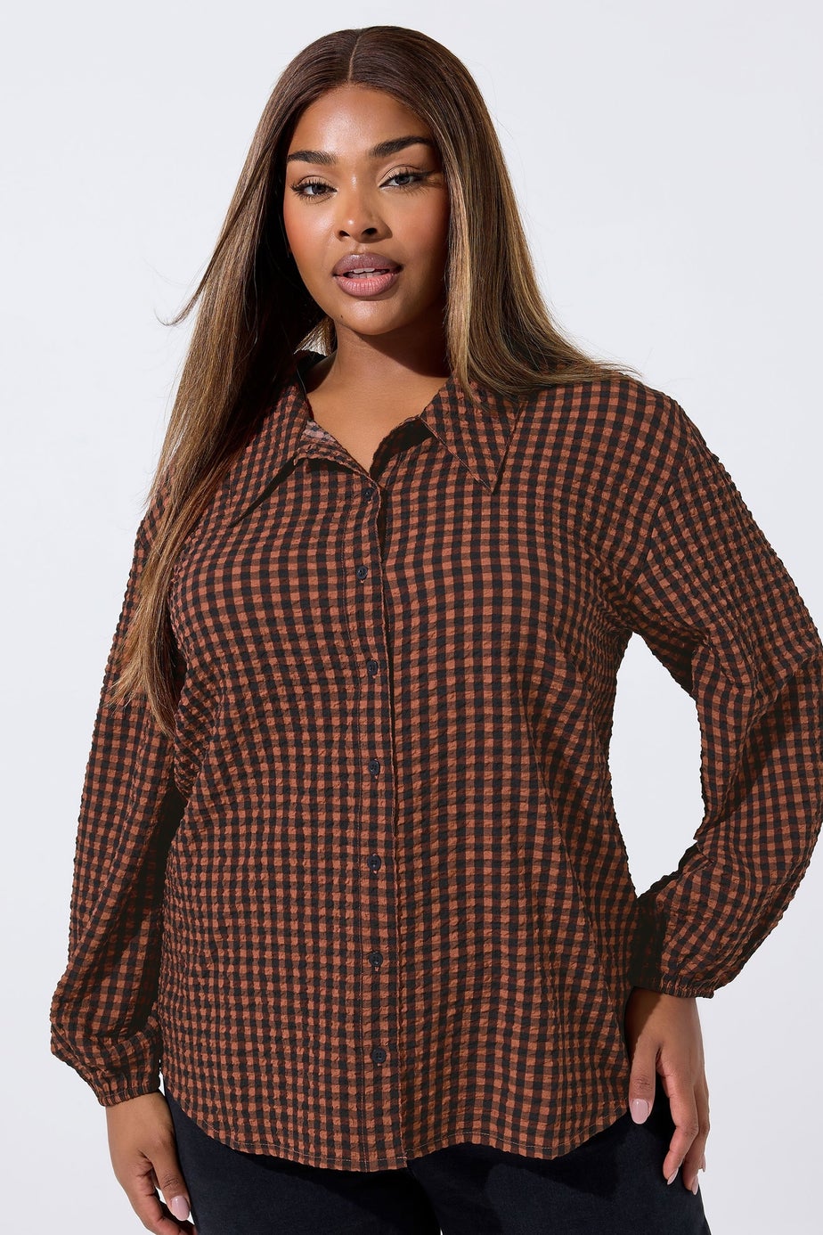 Yours Limited Curve Brown Check Print Textured Shirt