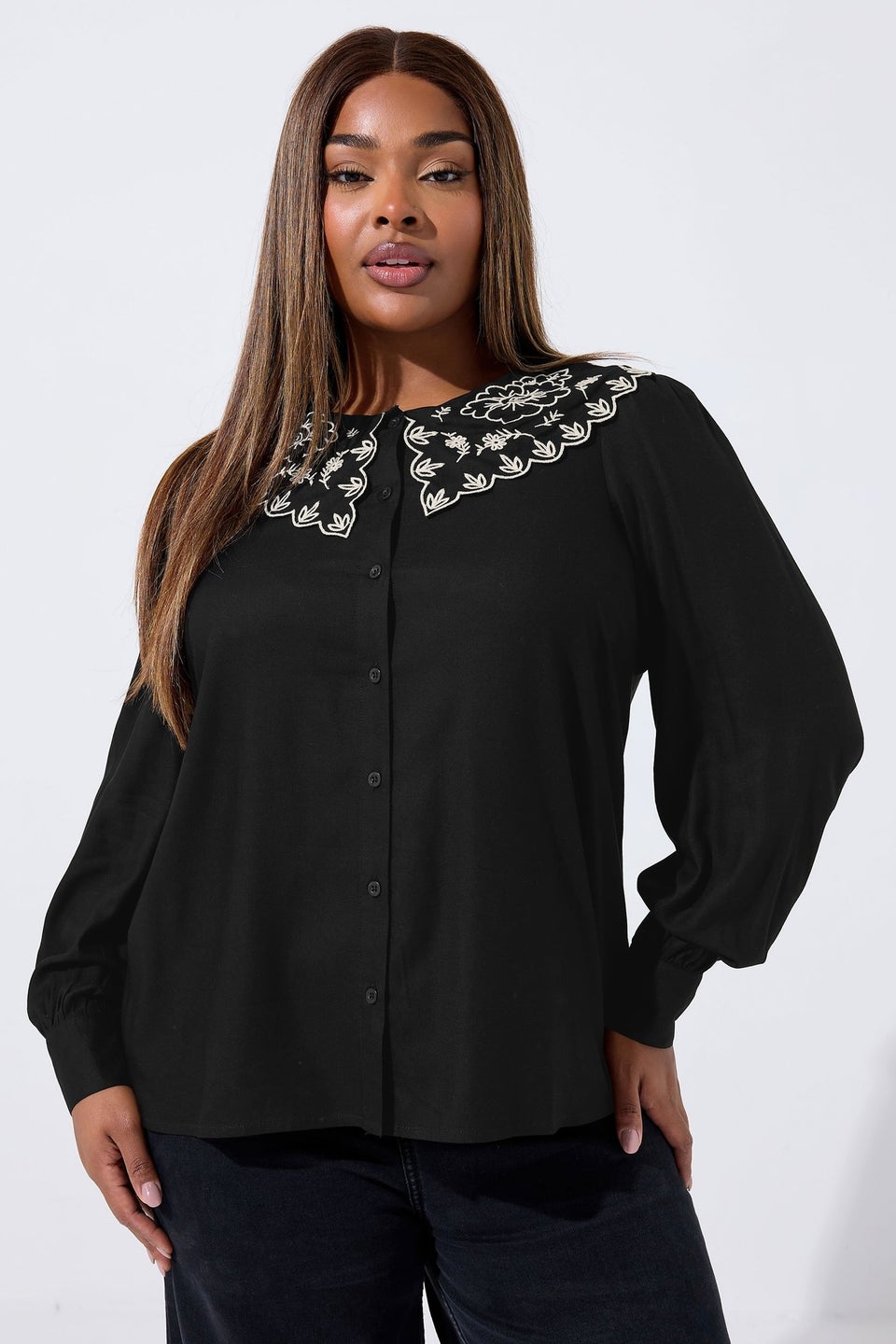 Yours Limited Curve Black Embroidered Oversized Collar Top