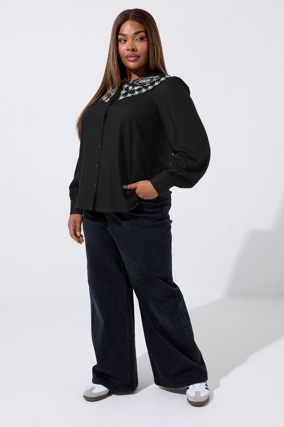 Yours Limited Curve Black Embroidered Oversized Collar Top