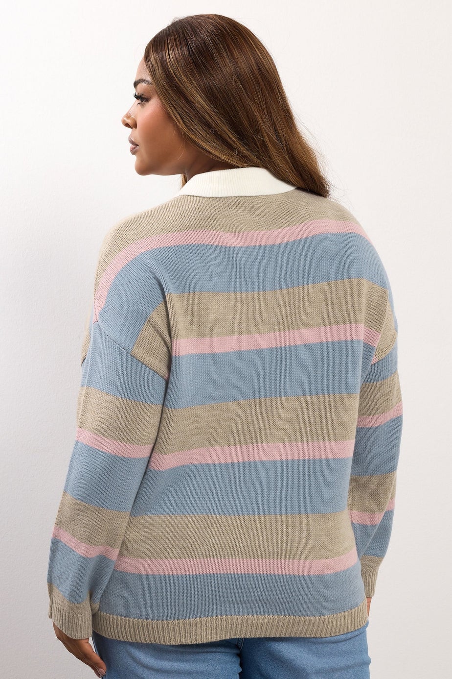 Yours Curve Blue Stripe Rugby Collar Jumper