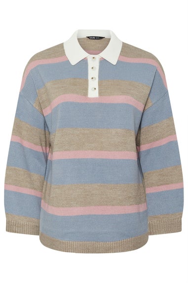 Yours Curve Blue Stripe Rugby Collar Jumper