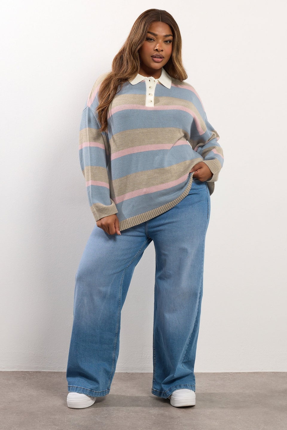 Yours Curve Blue Stripe Rugby Collar Jumper