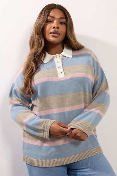 Yours Curve Blue Stripe Rugby Collar Jumper
