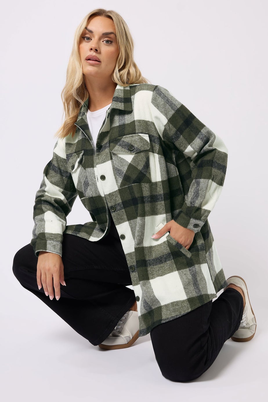 Yours Curve Khaki Green Check Shacket