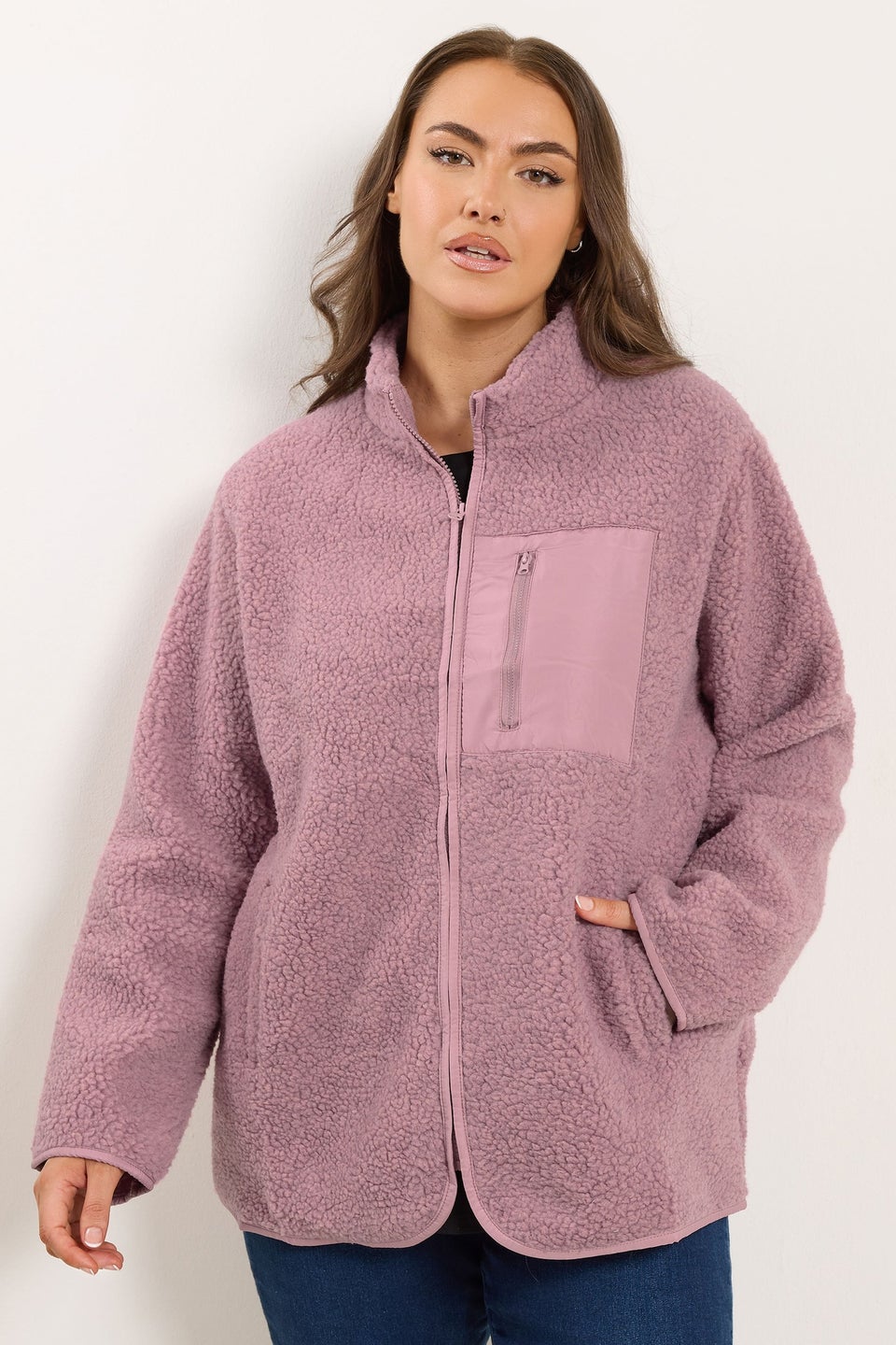 Yours Curve Pink Pocket Teddy Fleece Jacket