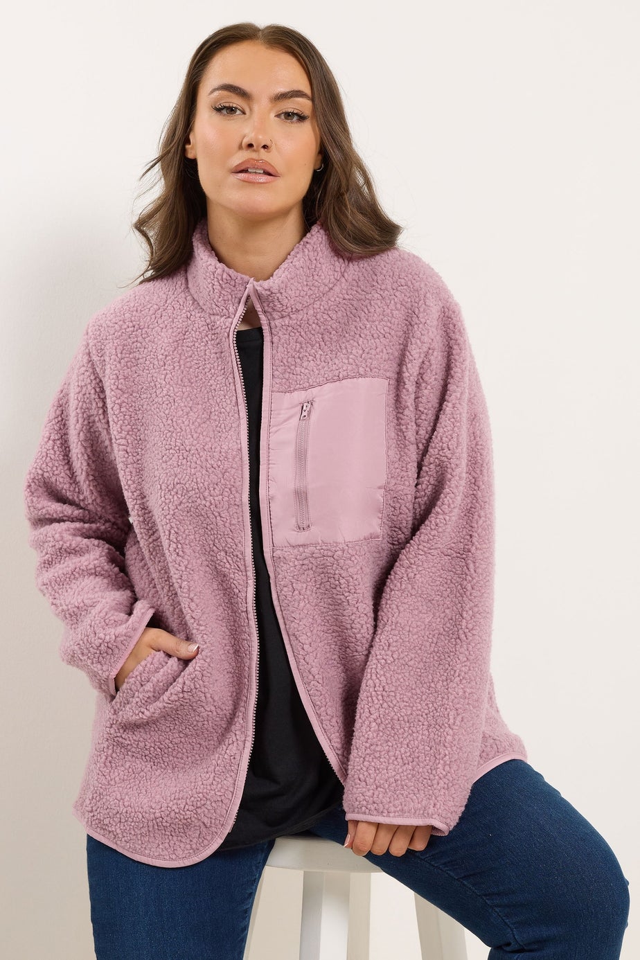 Yours Curve Pink Pocket Teddy Fleece Jacket