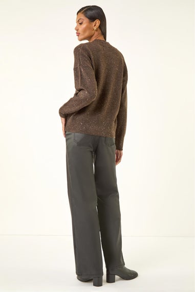 Roman Chocolate Sequin Crew Neck Knit Jumper