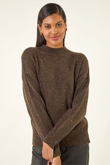 Roman Chocolate Sequin Crew Neck Knit Jumper