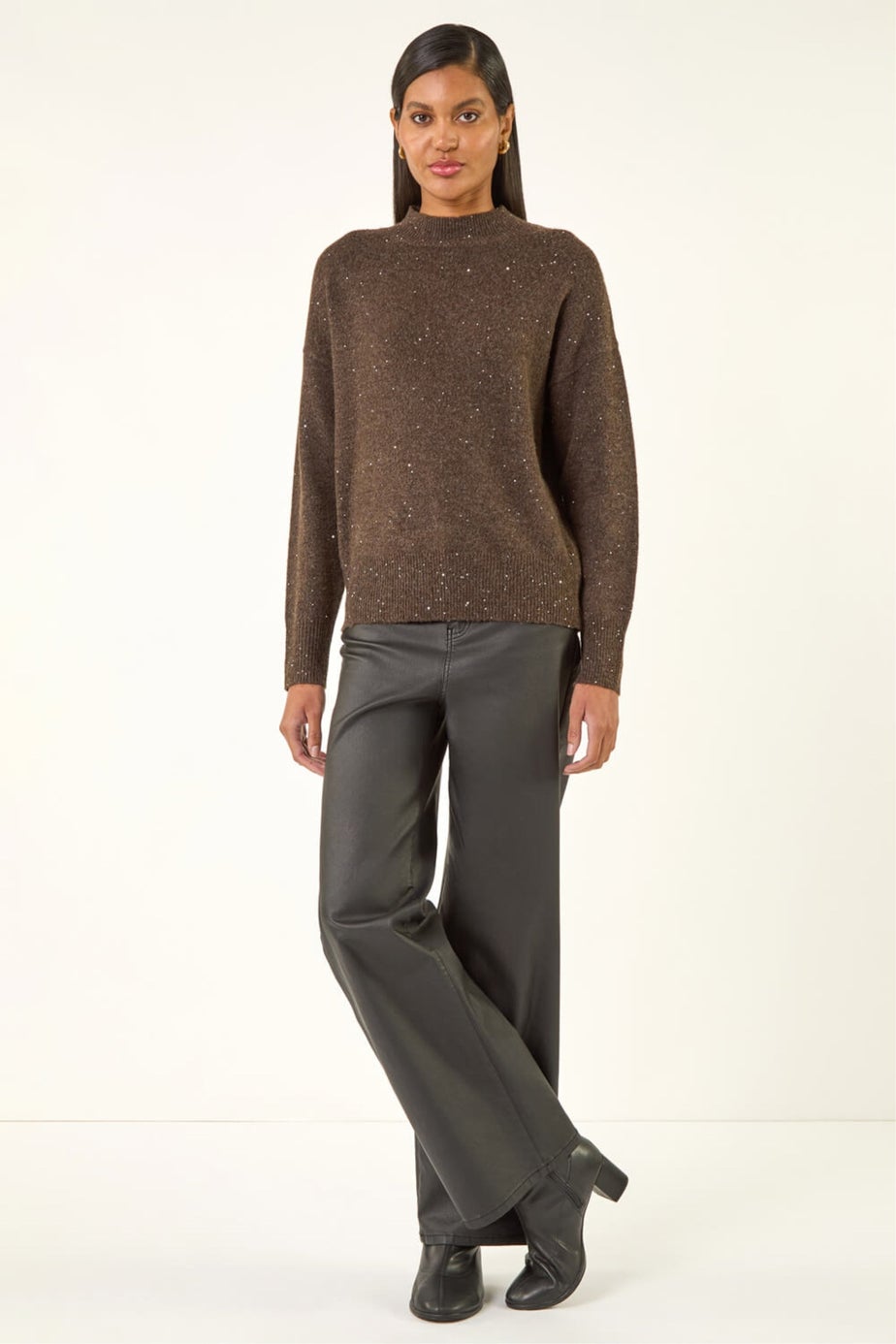 Roman Chocolate Sequin Crew Neck Knit Jumper