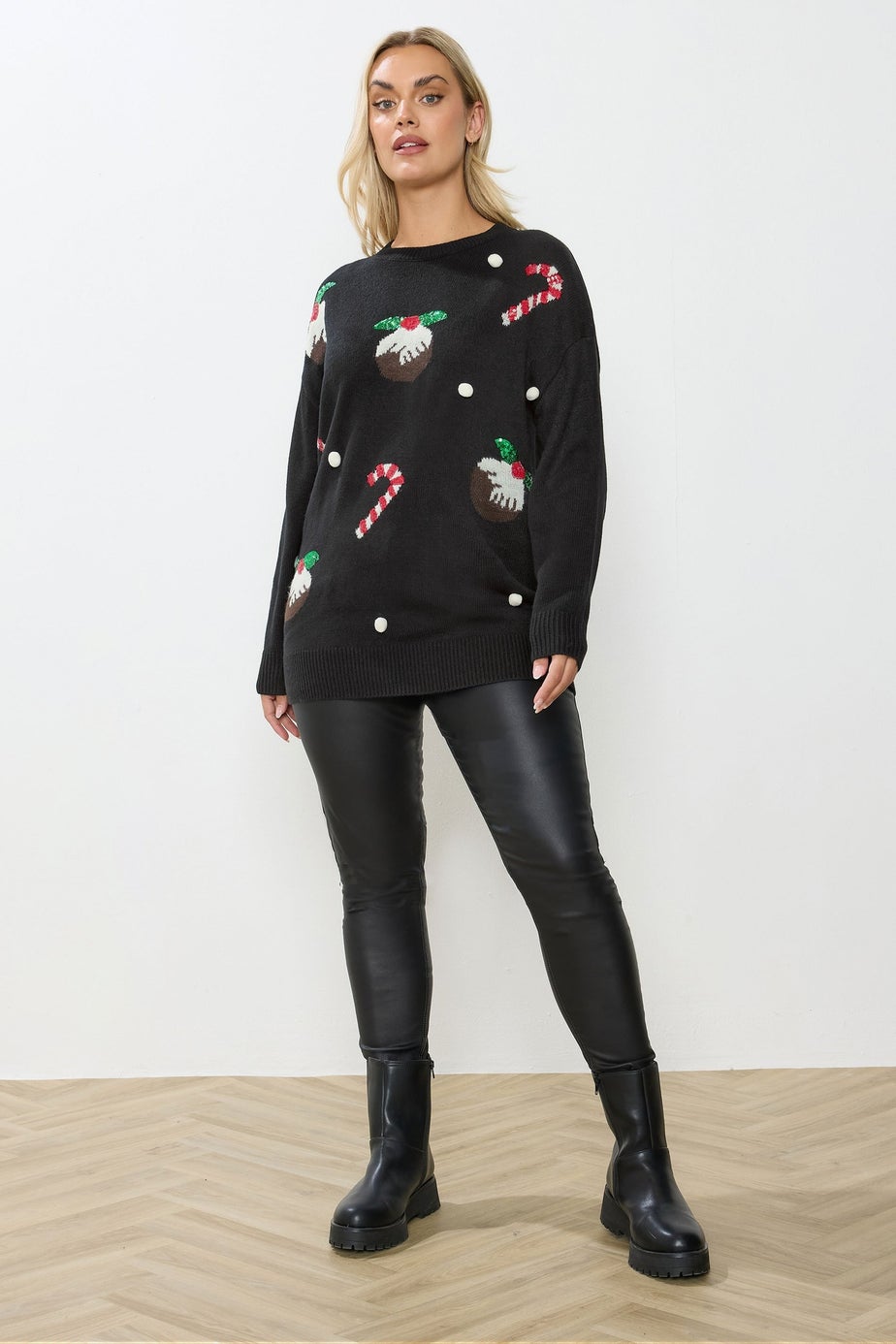Yours Curve Black Candy Cane Sequin Novelty Christmas Jumper