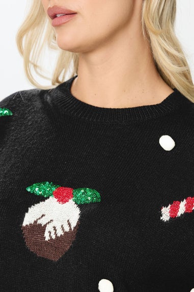 Yours Curve Black Candy Cane Sequin Novelty Christmas Jumper
