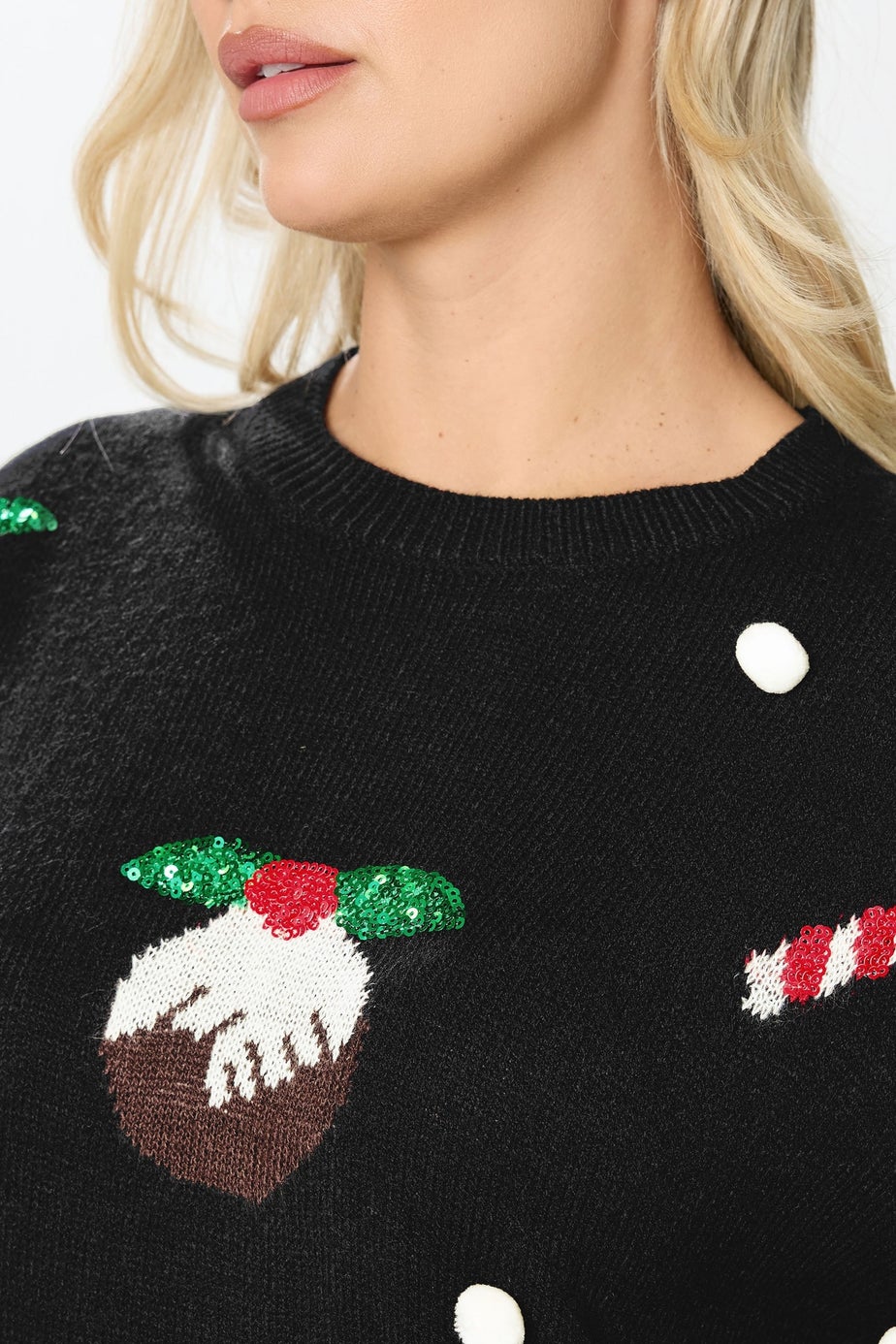 Yours Curve Black Candy Cane Sequin Novelty Christmas Jumper