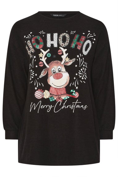 Yours Curve Black 'Ho Ho Ho' Reindeer Novelty Christmas Jumper