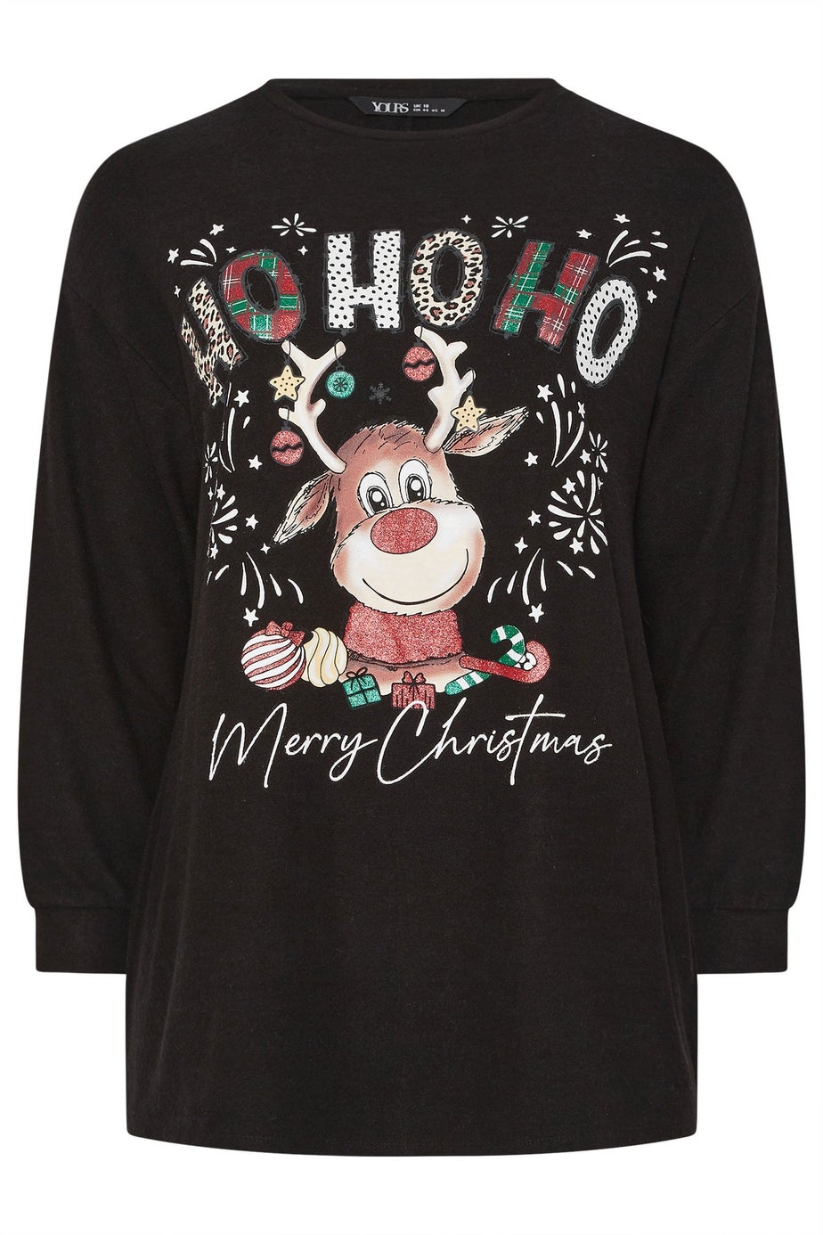 Yours Curve Black 'Ho Ho Ho' Reindeer Novelty Christmas Jumper