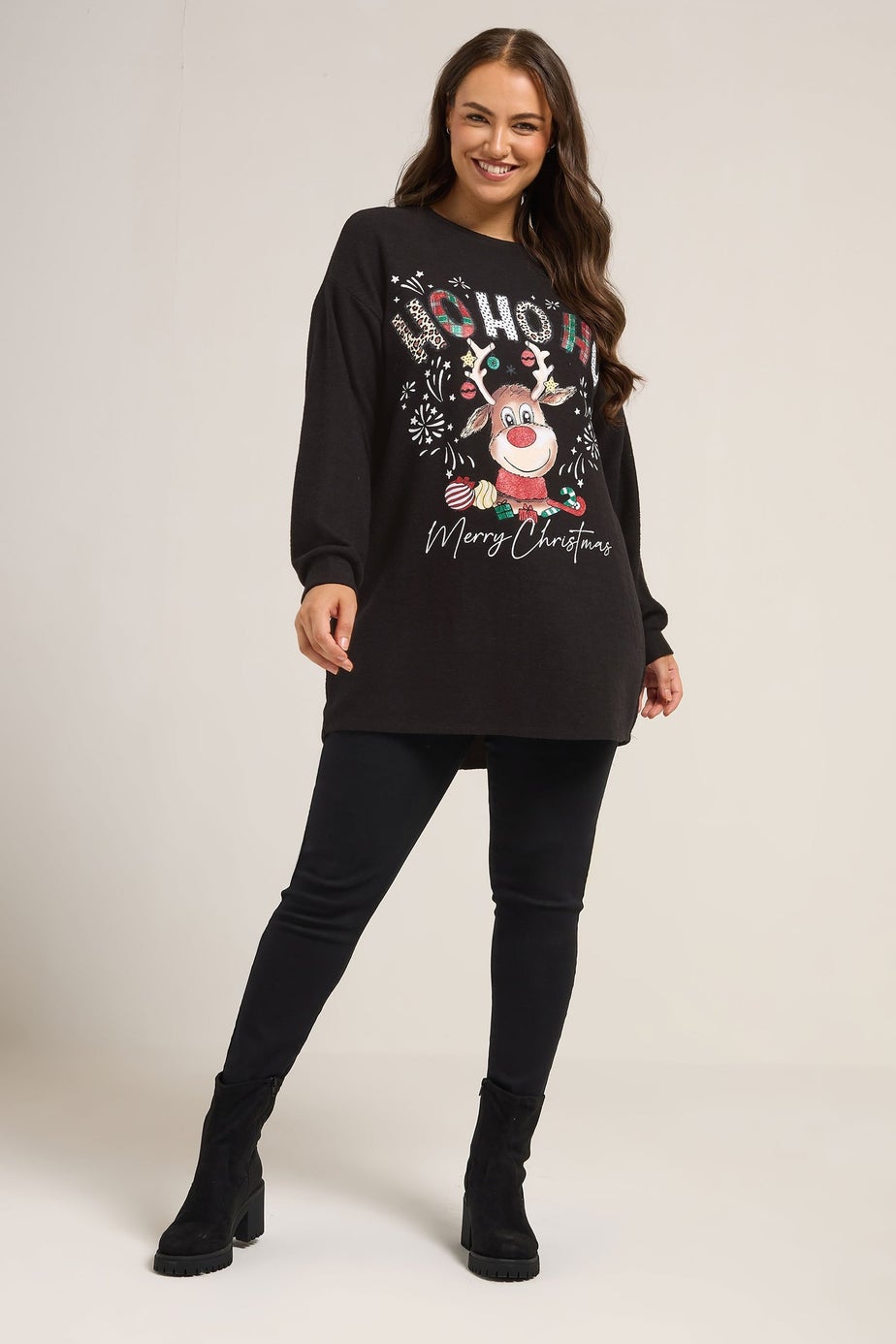 Yours Curve Black 'Ho Ho Ho' Reindeer Novelty Christmas Jumper