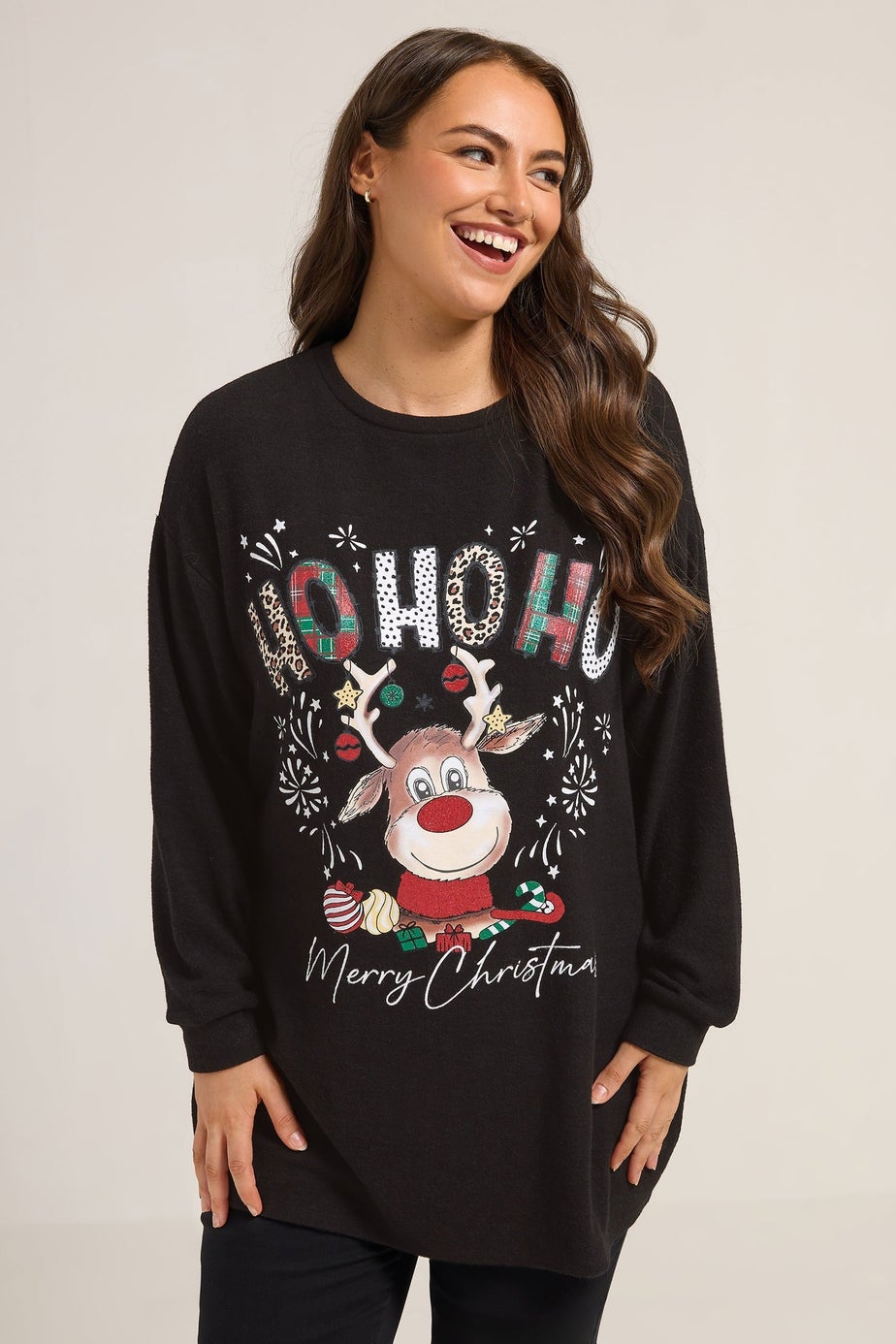 Yours Curve Black 'Ho Ho Ho' Reindeer Novelty Christmas Jumper