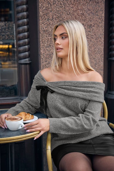 Yours Curve Grey Bow Bardot Jumper