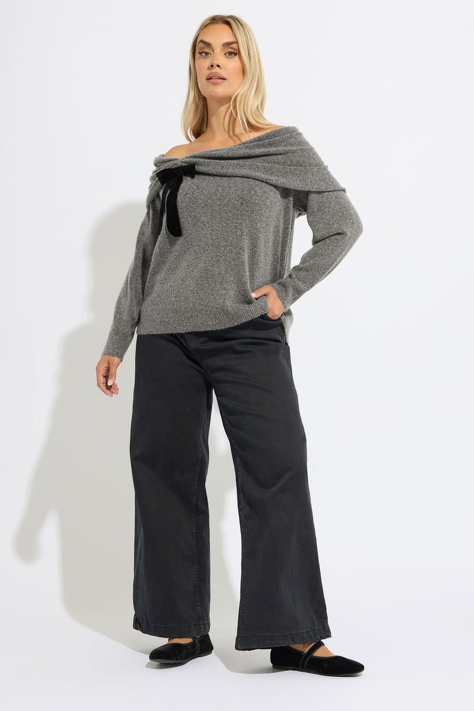 Yours Curve Grey Bow Bardot Jumper