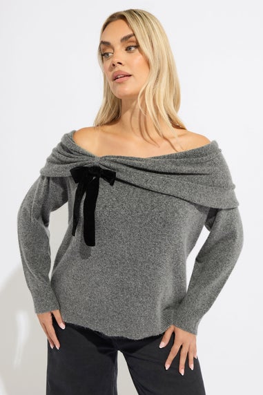 Yours Curve Grey Bow Bardot Jumper