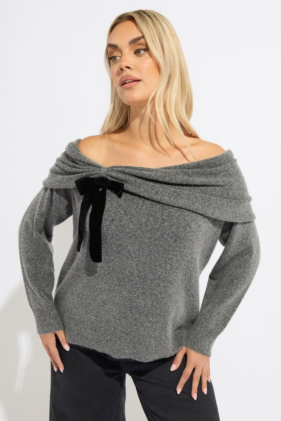 Yours Curve Grey Bow Bardot Jumper