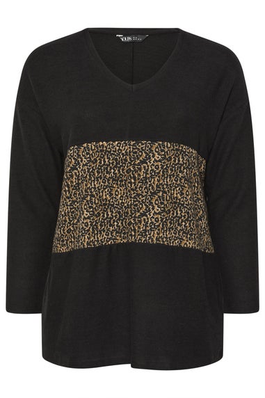 Yours Curve Black Leopard Print Colourblock Jumper