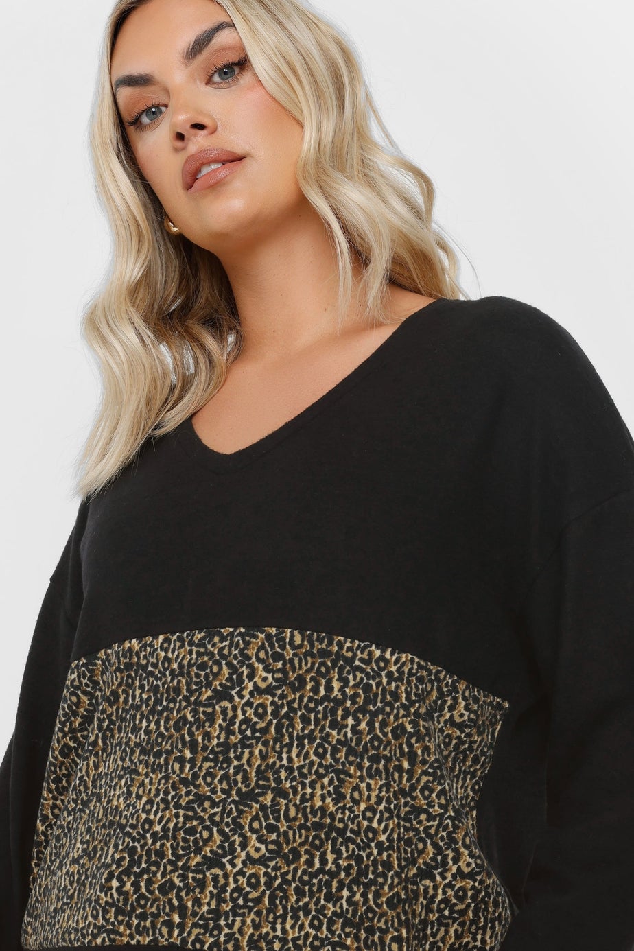 Yours Curve Black Leopard Print Colourblock Jumper