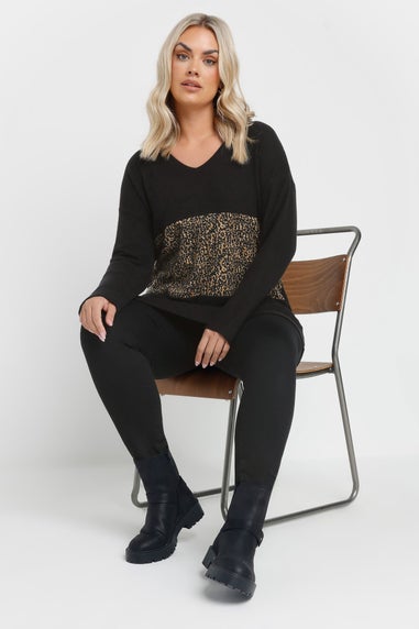 Yours Curve Black Leopard Print Colourblock Jumper