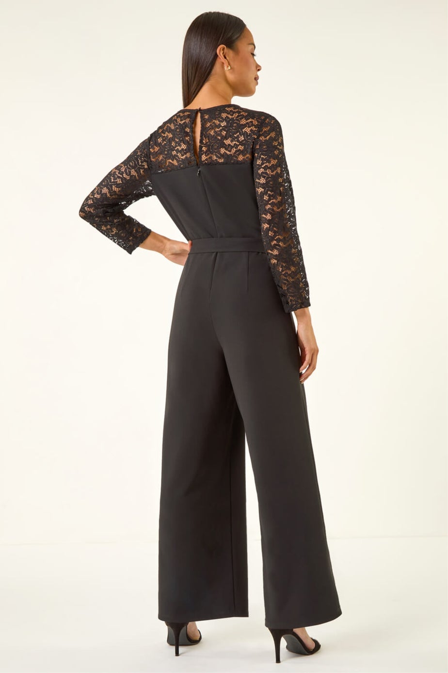 Roman Black Petite Lace Contrast Stretch Jumpsuit