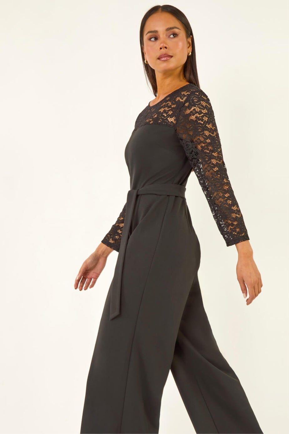 Roman Black Petite Lace Contrast Stretch Jumpsuit